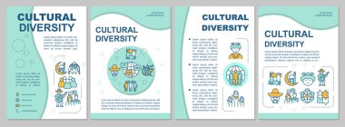 Çok kültürlü toplum broşürü. Kültürel çeşitlilik. Broşür, broşür, broşür baskısı, doğrusal simgelerle kaplama tasarımı. Dergiler için vektör planları, yıllık raporlar, reklam posterleri