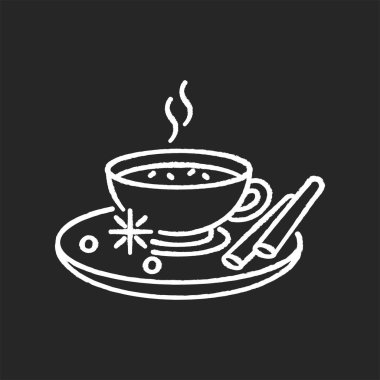 Masala chai siyah arkaplanda beyaz tebeşir simgesi. Baharatlı ve otlu Hint çayı. Geleneksel içki. Lezzetli sıcak içecek. Tarçınlı kakao. Sabah kahvesi. İzole vektör karatahtası