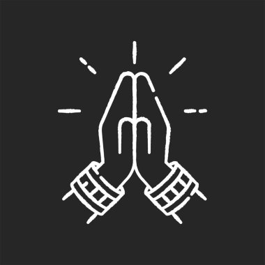 Siyah arkaplanda beyaz tebeşir simgesi. Hindu selamı. Ellerini birleştir. Saygılı bir selamlama. Anjali Mudra. Dua eden eller. Hint dini. Asya hareketi. İzole vektör karatahtası