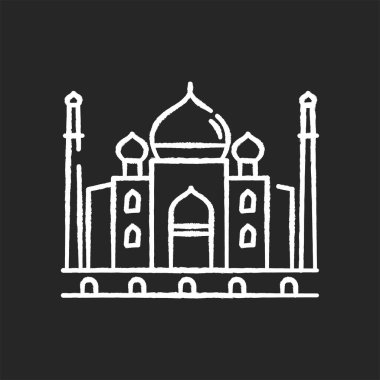 Taj Mahal siyah arkaplanda beyaz tebeşir simgesi. Beyaz mermer anıt mezar. Tarihi anıt. Babür mimarisi. Kültür mirası. Turist eğlencesi. Dünya harikası. İzole vektör karatahtası
