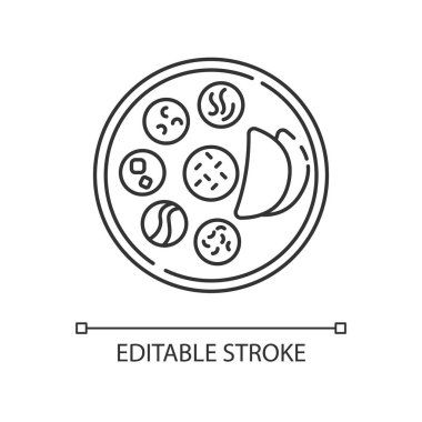 Hint thali pikseli mükemmel doğrusal simge. Soslu Chapati ekmeği. Tabakta kremalı ekmek var. İnce çizgi özelleştirilebilir illüstrasyon. Contour sembolü. Vektör izole çizim. Düzenlenebilir vuruş