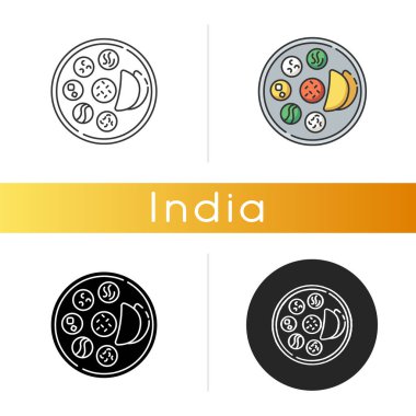 Hint thali ikonu. Geleneksel mutfak. Asya kültürü. Hindistan 'ın yemek alışkanlıkları. Soslu Chapati ekmeği. Dölyatağı. Yemek servisi. Lineer siyah ve RGB renk stilleri. İzole vektör çizimleri