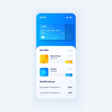 Kredi kartı akıllı telefon arayüzü vektör şablonu. Mobil uygulama sayfası beyaz ve mavi tasarım. Banka hesap ekranı. Başvuru için düz UI. Ev faturalarını ödedim. Telefon görüntüsü