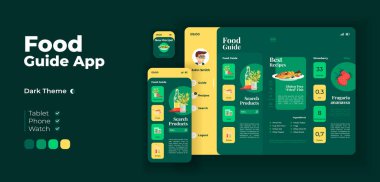 Gıda ürünleri uygulaması için arama ekran vektör adaptasyon tasarım şablonu. Taze yemek malzemeleri, düz karakterlerle uygulama gece modu arayüzü. Akıllı telefon, tablet, akıllı saat çizgi filmi UI