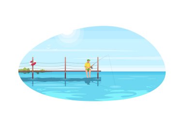 Yarı düz vektör çizimi sırasında köprüdeki adam. Okyanusta tatilde olan biri. Oltayla balık tutmak. Yaz tatili için hobi. Ticari kullanım için Balıkçı 2D çizgi film karakterleri