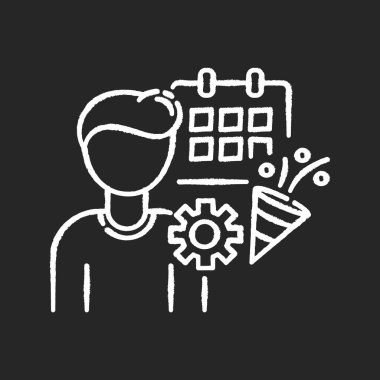 Olay yöneticisi siyah arkaplanda beyaz tebeşir simgesi. Parti planlaması. Randevu için hazırlanıyorum. İşçi kurumsal kutlama organize eder. Randevu ayarlıyorum. İzole edilmiş vektör karatahta çizimi