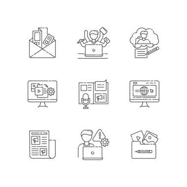 Bloglama pikseli mükemmel doğrusal simgeler ayarlandı. Bülten ve broşür. Konferans için konuşma metni. Özelleştirilebilir ince çizgi şekilleri. İzole vektör çizimi çizimleri. Düzenlenebilir vuruş