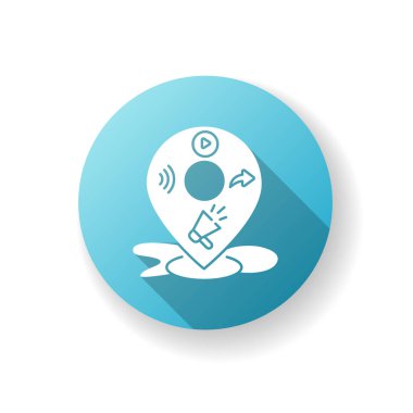 Yerel kitle iletişim araçları mavi düz tasarım uzun gölge simgesi. Yayın promosyonu. E ticaret stratejisi. Şirket pazarlama planı için Seo servisi. Halkla ilişkiler. Siluet RGB renk çizimi