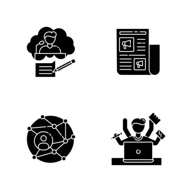 Yayımlama siyah kabartma simgeleri beyaz uzaya ayarlandı. Konuşma metni. Gazetede tanıtım. Küresel ağ. Çoklu görev çalışanı. Siluet sembolleri. Vektör izole illüstrasyonu