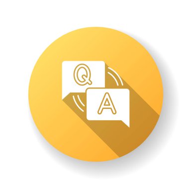 SSS sarı düz dizayn uzun gölge simgesi. Sık sık sorulan sorular. Müşteri destek servisi. Müşteriler için cevaplar. Forum tartışması. Sosyal medya yardım masası. Siluet RGB renk çizimi