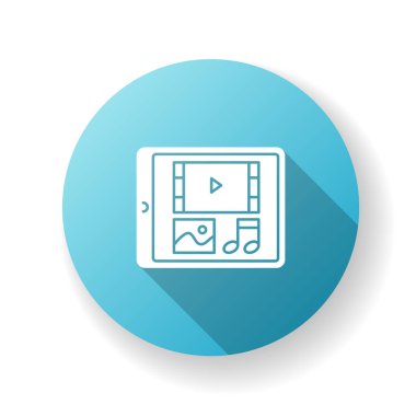 Çokluortam mavi düz tasarım uzun gölge simgesi. Menü navigasyonlu tablet görüntüsü. Dijital teknoloji. Elektrikli cihaz ekranı. Fotoğraf ve video cihazda. Siluet RGB renk çizimi