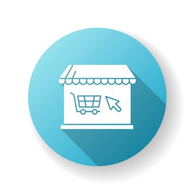 Çevrimiçi mağaza mavi düz tasarım uzun gölge simgesi. İnternet mağazası. E ticaret ve perakende. Akıllı modern alışveriş. Çevrimiçi süpermarketten alışveriş yapmak. Siluet RGB renk çizimi