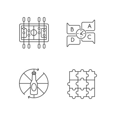 Dostane parti oyunları pikseli mükemmel doğrusal simgeler seti. Özelleştirilebilir ince çizgi şekilleri. Masa futbolu, dönen şişe, yapboz şişesi, sınav. İzole vektör çizimi çizimleri. Düzenlenebilir vuruş