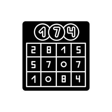 Şans oyunu siyah glyph simgesi. Geleneksel parti eğlencesi, eski moda eğlence, beyaz alanda rekabetçi oyun silueti sembolü. Rastgele numaralar vektör izole illüstrasyonlu Lotto kartı