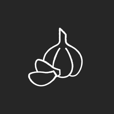 Siyah arka planda sarımsaklı beyaz tebeşir ikonu. Baharat için taze sebze. Sos hazırlamak için tüm sebze. Vejetaryen salata malzemesi için konserve. İzole edilmiş vektör karatahta çizimi
