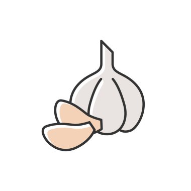 Sarımsaklı beyaz RGB renk ikonu. Baharat için taze sebze. Sos hazırlamak için tüm sebze. Baharatlı yiyecekler için besin kökü. Vejetaryen salata malzemesi için konserve. İzole vektör illüstrasyonu