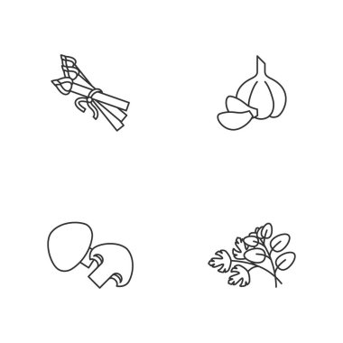 Vejetaryen salata malzemesi pikseli mükemmel doğrusal ikonlar. Kuşkonmaz mızrağı. Tam sarımsak. Taze bitkiler. Özelleştirilebilir ince çizgi şekilleri. İzole vektör çizimi çizimleri. Düzenlenebilir vuruş