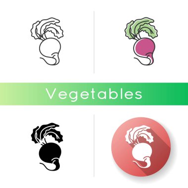 Pancar ikonu. Besleyici yemek pişirmek için taze sebze. Çiftçi pazarından turp. Süpermarketten alınmış olgun sebzeler. Lineer siyah ve RGB renk stilleri. İzole vektör çizimleri