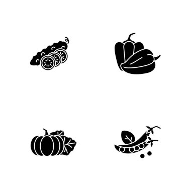 Salata malzemesi siyah kabartma sembolleri beyaz alana dizilmiş. Dilimlenmiş salatalık. Bulgar biberi. Şükran Günü için balkabağı. Diyet için sebzeler. Siluet sembolleri. Vektör izole illüstrasyonu