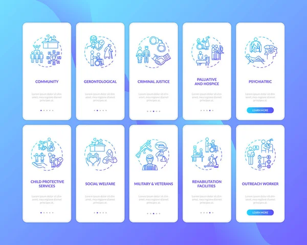 Social Worker Onboarding Mobile App Page Screen Set Concepts Travailleur — Image vectorielle