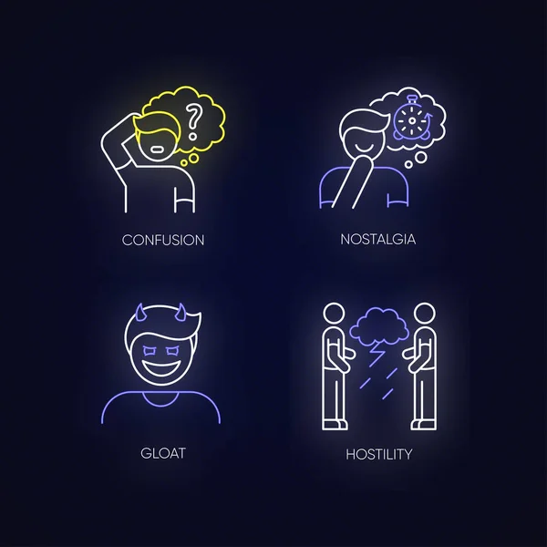 Atteggiamento Umano Luci Neon Set Icone Uomo Pensa Confusione Persona — Vettoriale Stock