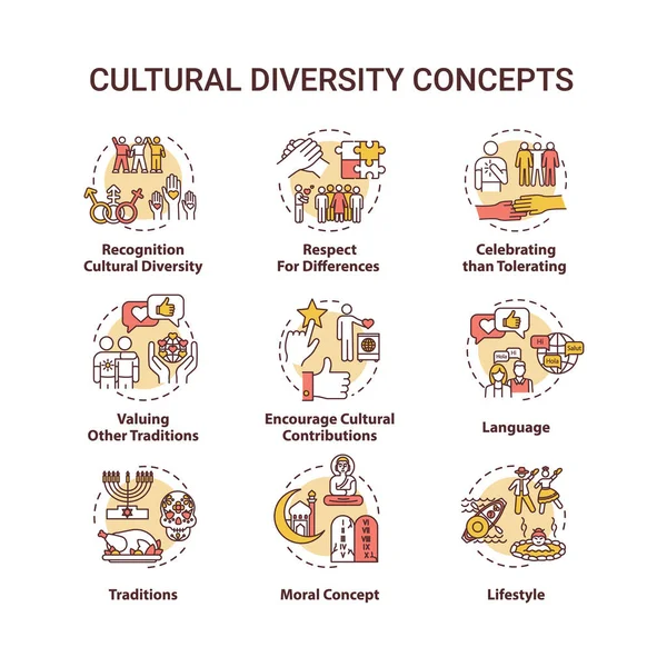 Conjunto Iconos Concepto Diversidad Cultural Respeto Por Nacionalidad Diferente Multi — Vector de stock