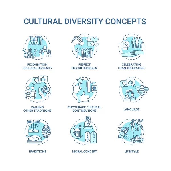 Conjunto Iconos Concepto Diversidad Cultural Turquesa Respeto Por Nacionalidad Diferente — Vector de stock