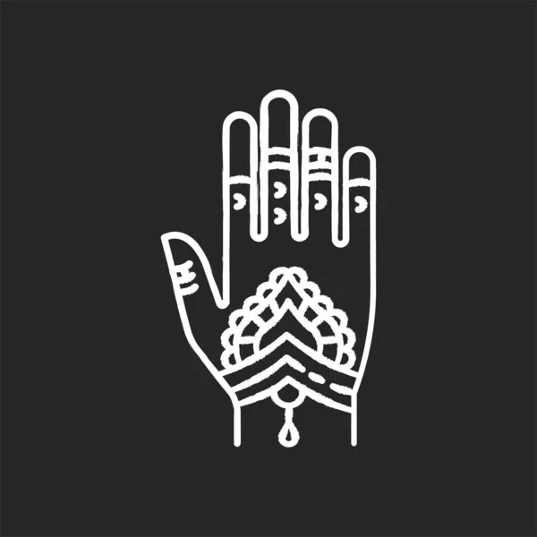 黒の背景にメフディチョークホワイトのアイコン インドの伝統 ボディアート 手に装飾的なデザイン ヘナの絵だ タトゥーアートワーク アジア文化 結婚式だ 絶縁ベクトルチャークボード — ストックベクタ