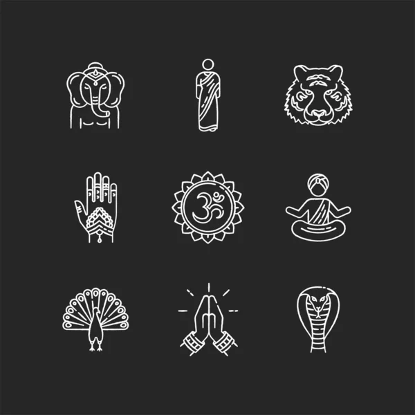 Індійські Духовні Символи Крейдяні Білі Ікони Чорному Тлі Звукова Репрезентація — стоковий вектор