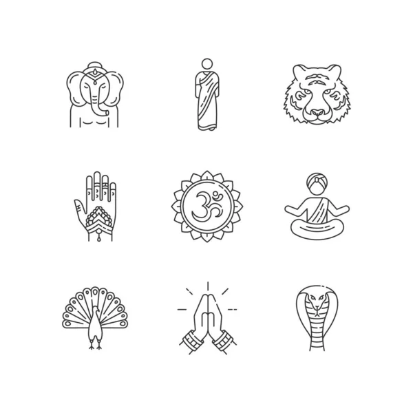 Indiase Spirituele Symbolen Pixel Perfecte Lineaire Pictogrammen Ingesteld Geluid Maken — Stockvector