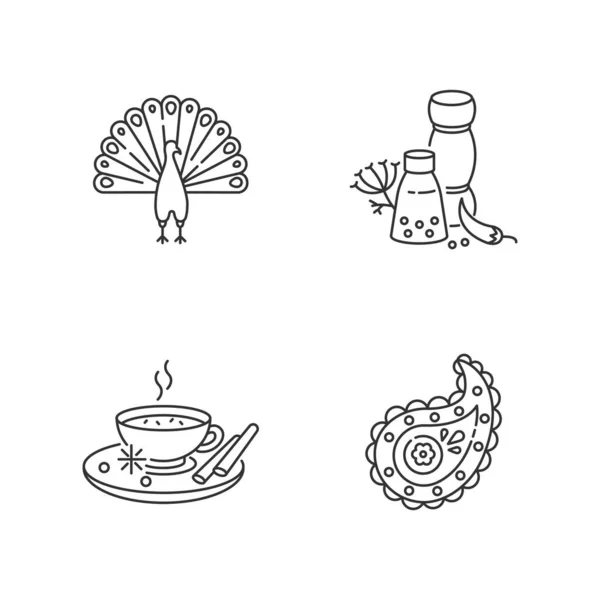 Conjunto Iconos Lineales Perfectos Píxeles Cultura India Pavo Real Masala — Vector de stock