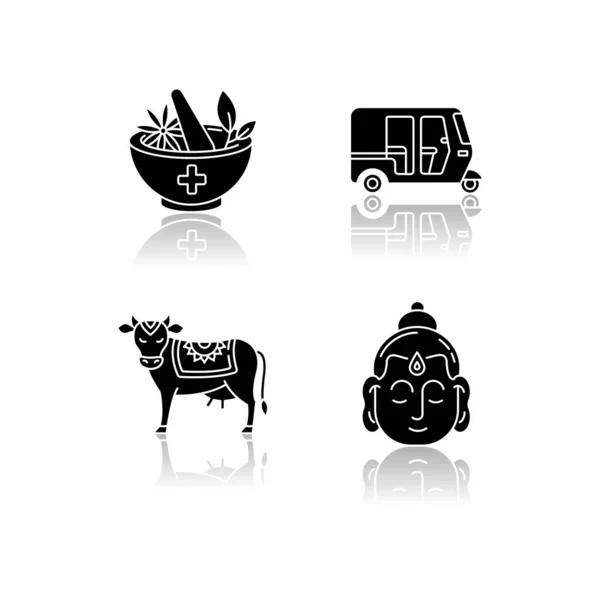 Indian Culture Drop Shadow Black Glyph Icons Set Ayurveda Alternative — Stock Vector
