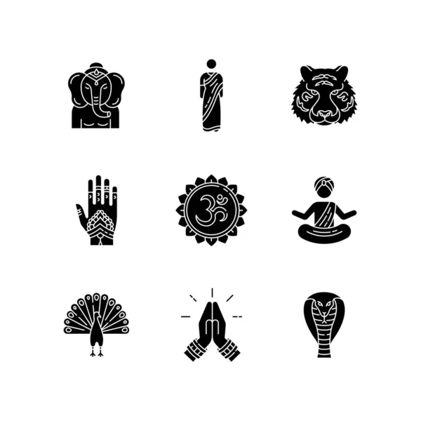 Indische Spirituelle Symbole Schwarze Glyphen Symbole Auf Weißem Raum Sound — Stockvektor