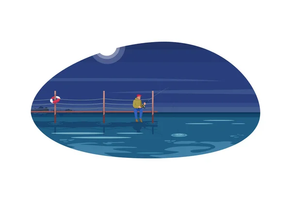 Uomo Sul Ponte Durante Notte Semipiatta Illustrazione Vettoriale Persona Vacanza — Vettoriale Stock
