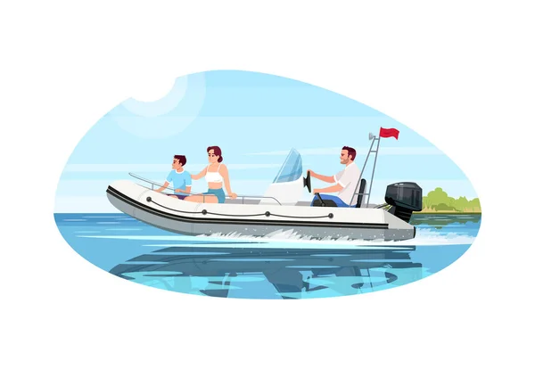 Family in speedboat semi flat vector illustration. People relax together in sailboat. Mother with child in ship. Husband steer boat. Summer recreation 2D cartoon characters for commercial use