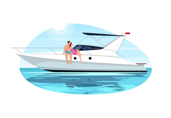 Couple on voyage semi flat vector illustration. People sail in ocean on private regatta. Man and woman relax on luxury boat. Summer recreation 2D cartoon characters for commercial use