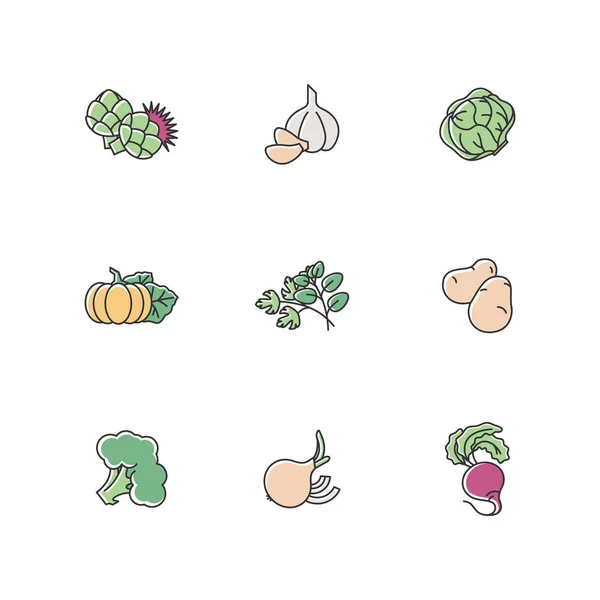 Cibo Vegetariano Set Icone Colori Rgb Ingrediente Crudo Insalata Vegana — Vettoriale Stock
