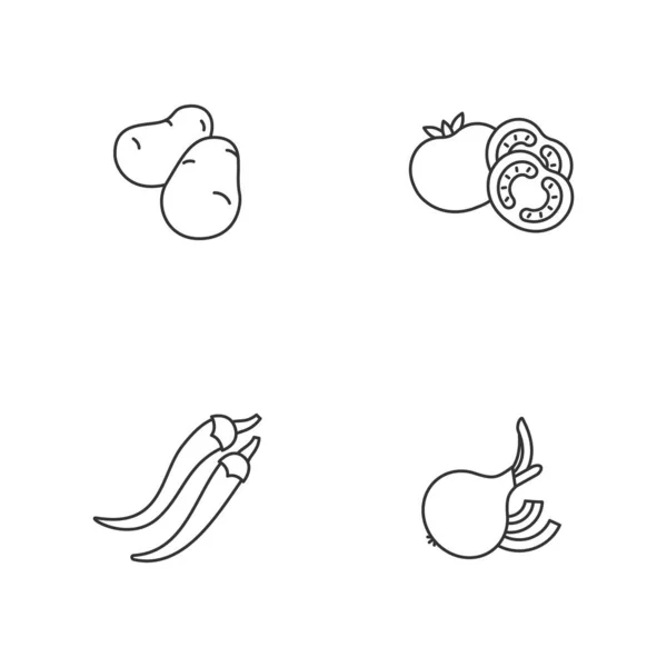 健康饮食像素完美线形图标设置 煮土豆用的生土豆 新鲜西红柿准备酱汁 可定制的细线轮廓符号 孤立的矢量轮廓图解 可编辑笔划 — 图库矢量图片
