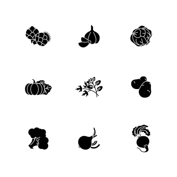 Comida Vegetariana Iconos Glifo Negro Establecidos Espacio Blanco Ingrediente Crudo — Vector de stock