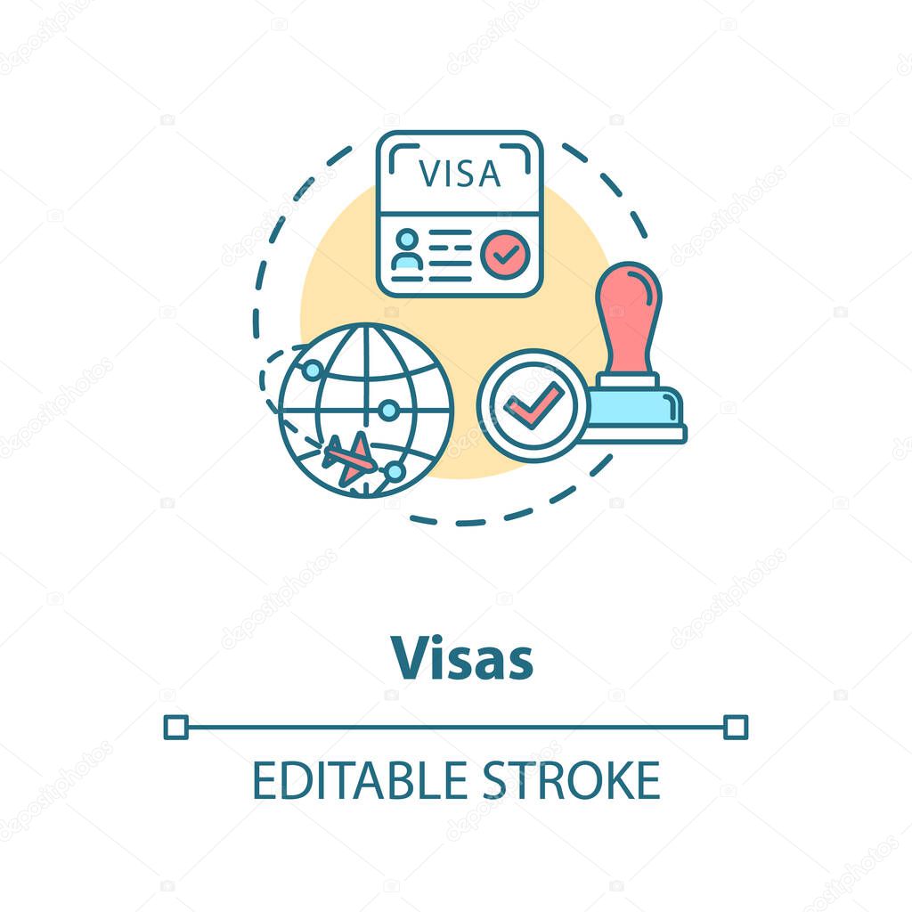 Visa concept icon. Abroad travel. Foreign country document application. Legal immigration approvement idea thin line illustration. Vector isolated outline RGB color drawing. Editable stroke