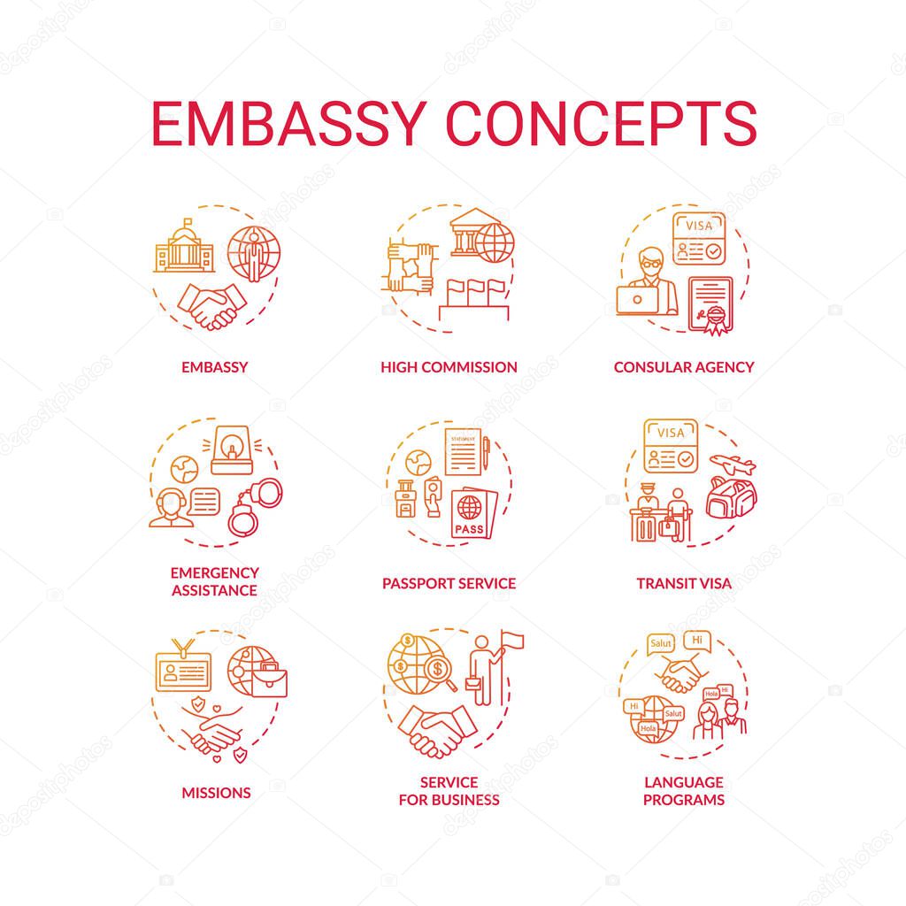 Embassy concept icons set. International relations idea thin line RGB color illustrations. Transit visa. Foreign affairs. Diplomatic mission. Vector isolated outline drawings