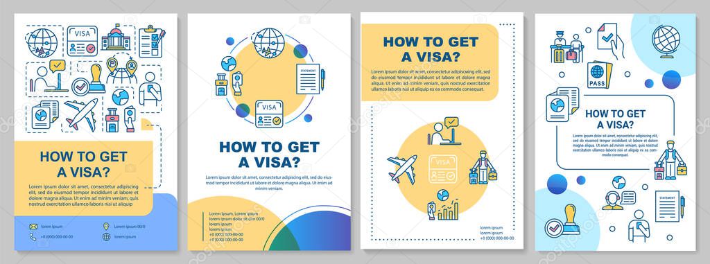 How to get visa brochure template. International document. Flyer, booklet, leaflet print, cover design with linear icons. Vector layouts for magazines, annual reports, advertising posters