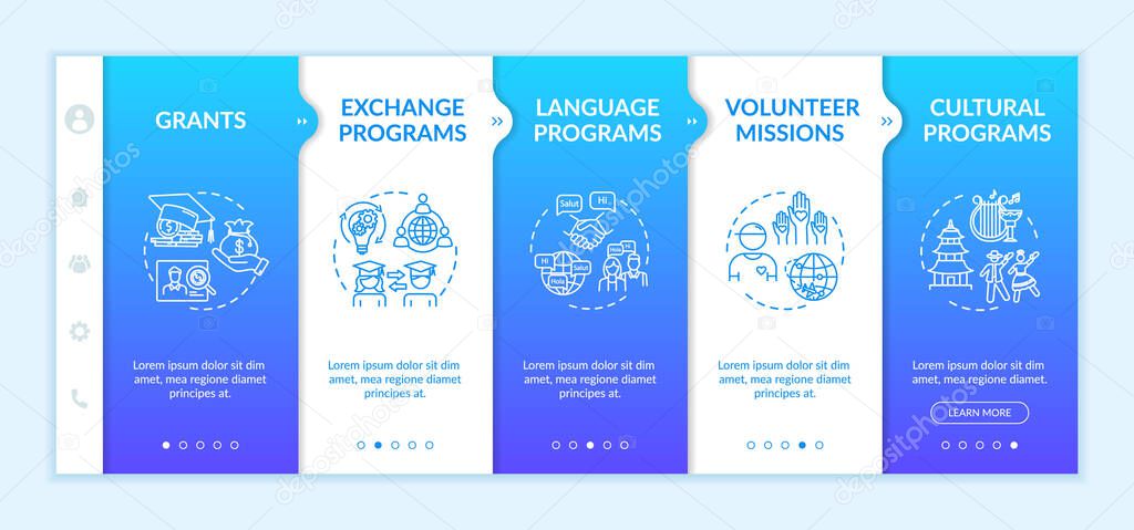 International exchange onboarding vector template. Education abroad. Volunteer mission. Transfer student. Responsive mobile website with icons. Webpage walkthrough step screens. RGB color concept