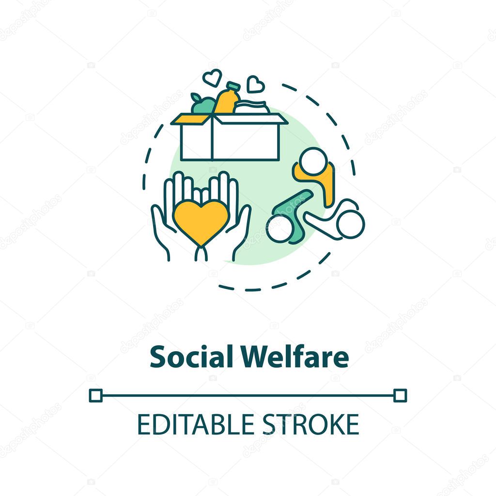 Social welfare concept icon. Charity idea thin line illustration. Nonprofit organization. Community service. Food donation. Humanitarian aid. Vector isolated outline RGB color drawing. Editable stroke