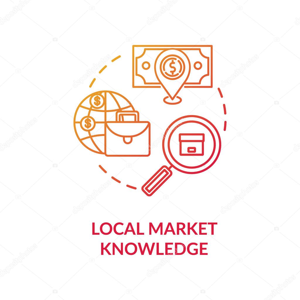 Local market knowledge red concept icon. Research for global product sale. Corporate strategy. Business knowledge idea thin line illustration. Vector isolated outline RGB color drawing