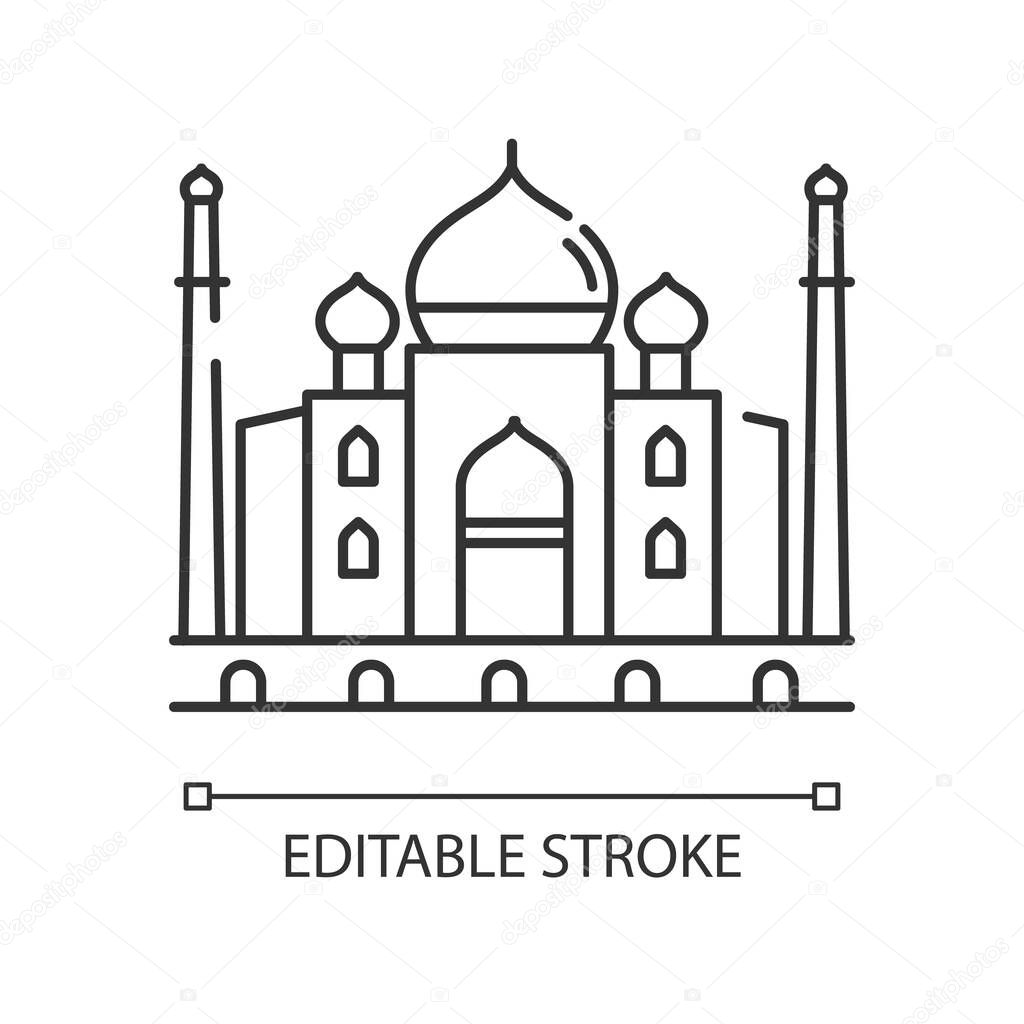 Taj Mahal pixel perfect linear icon. Marble mausoleum. Historical monument. Mughal architecture. Thin line customizable illustration. Contour symbol. Vector isolated outline drawing. Editable stroke