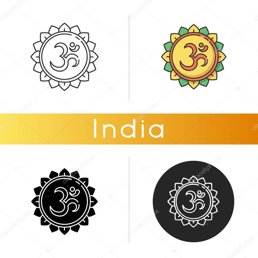 Om icon. Aum visual representation. Sacred syllable. Sound of universe. Spiritual symbol in Hinduism. Indian religion. Divine energy. Linear black and RGB color styles. Isolated vector illustrations