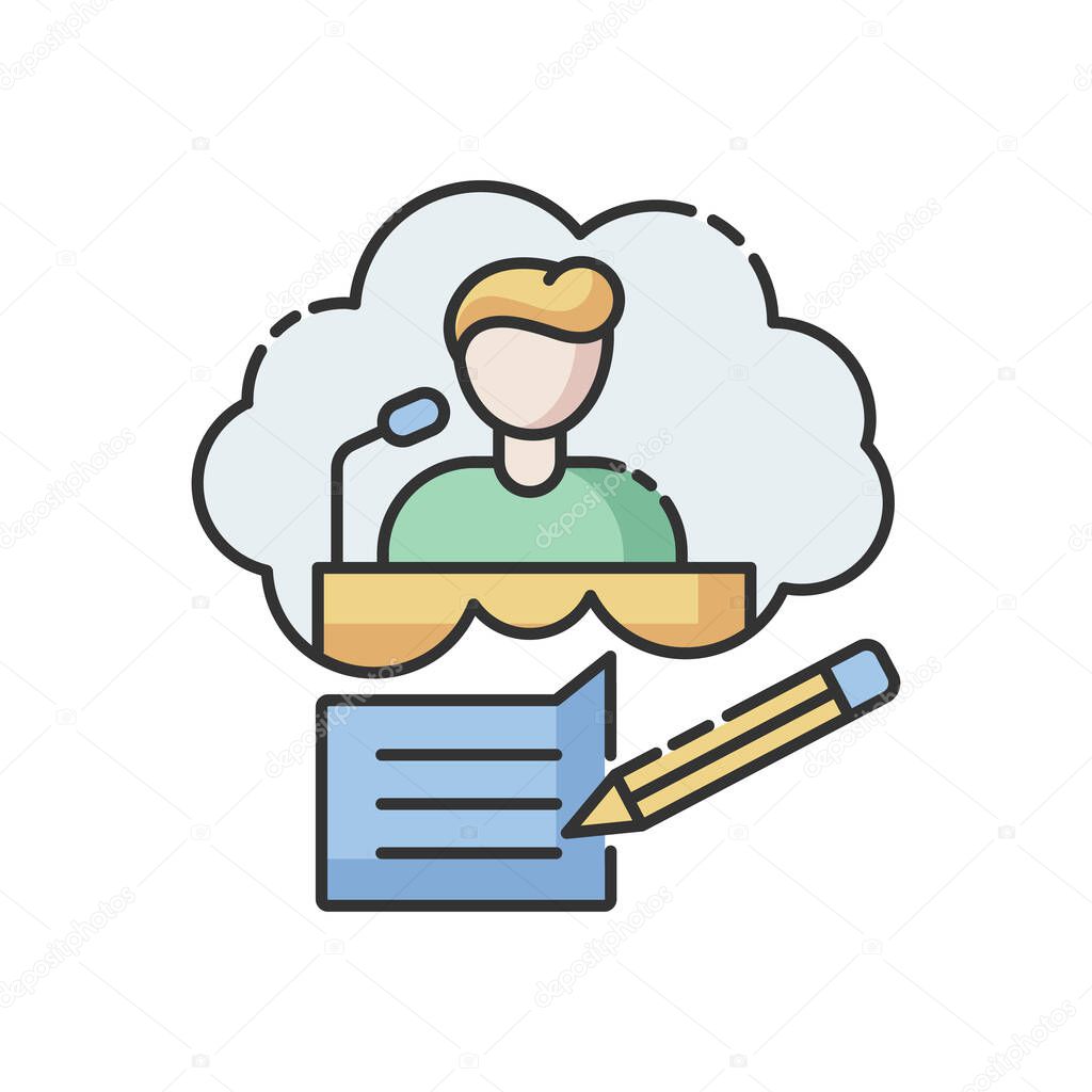 Speechwriting RGB color icon. Message for press conference. Announcement for public. Interview and journalism. Speaker prepare for event. Social media communication plan. Isolated vector illustration