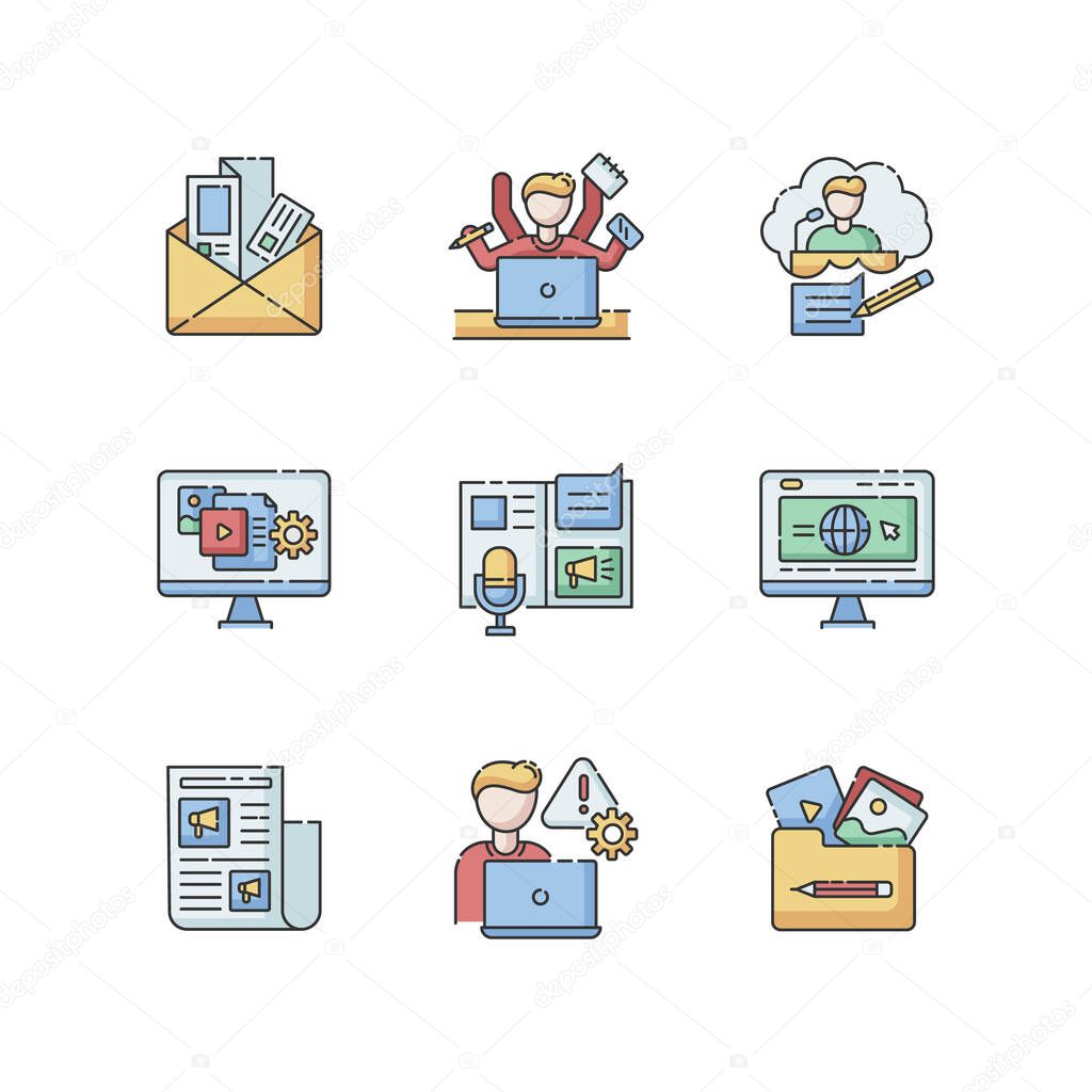 Blogging RGB color icons set. Newsletter and brochure. Multi tasking employee. Speech writing for conference. Content management. Corporate website. Crisis control. Isolated vector illustrations