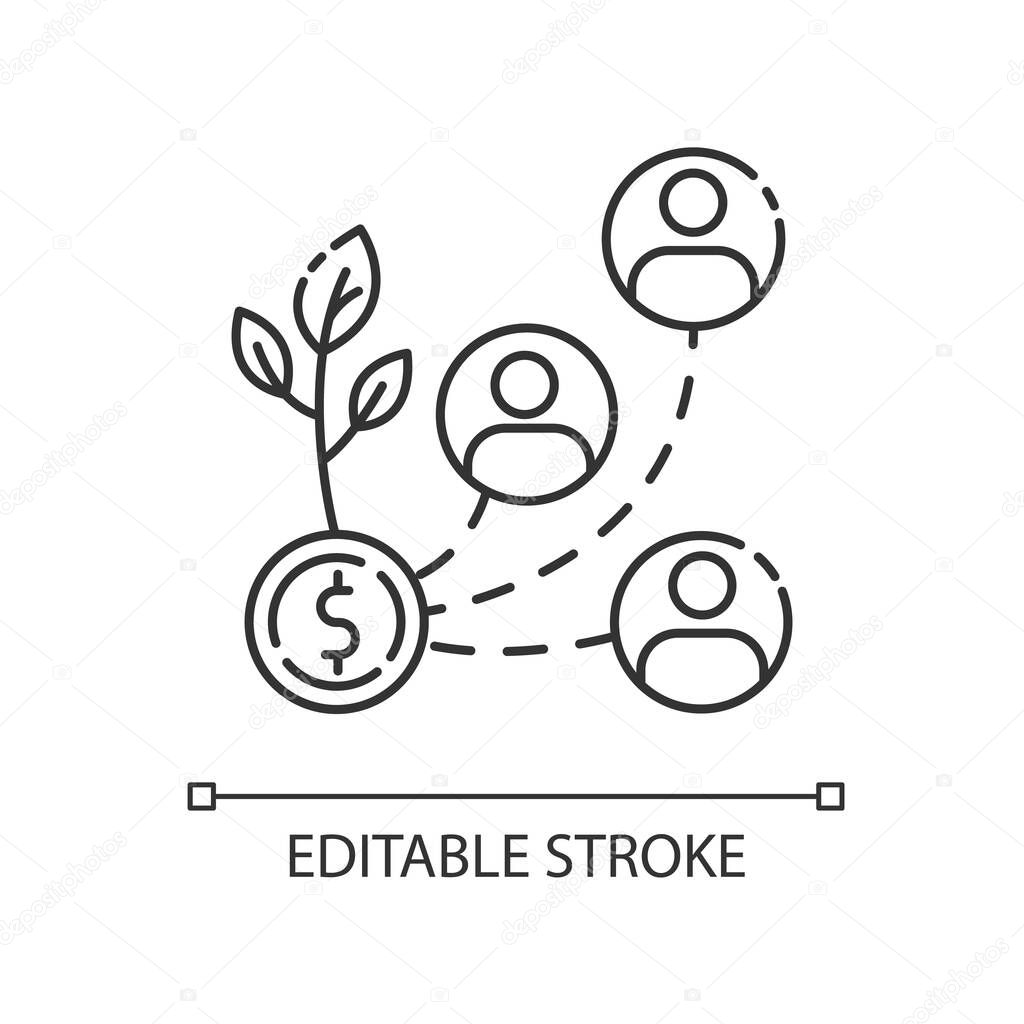 Stakeholder pixel perfect linear icon. investment in organization. Business project management. Thin line customizable illustration. Contour symbol. Vector isolated outline drawing. Editable stroke